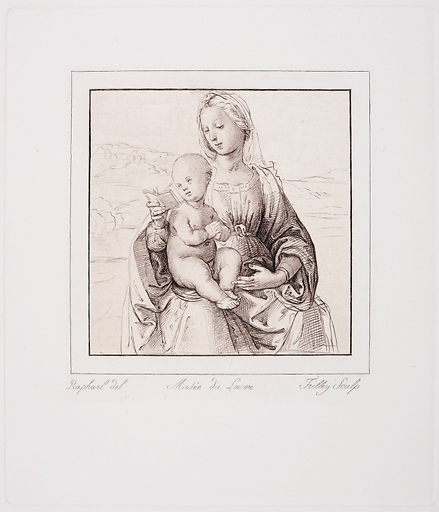 Virgin and child, sitting, reading in a landscape - Raphael