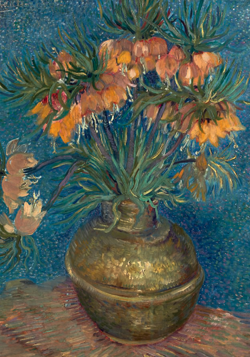 Fritillaires, couronne impériale dans un vase de cuivre