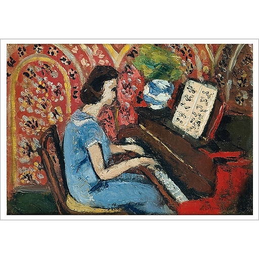 La petite pianiste, robe bleue, fond rouge