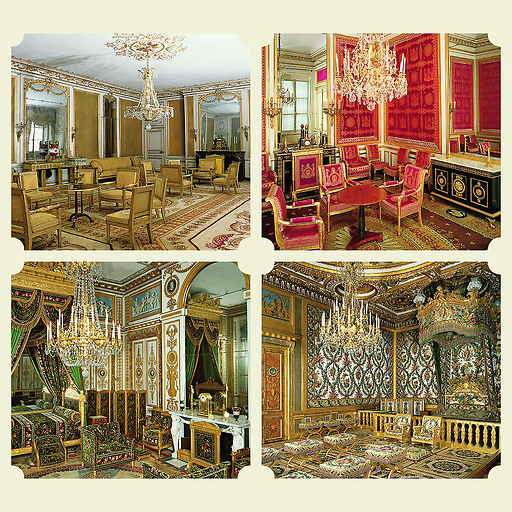 Château de fontainebleau - 4 vues : deuxième salon de l'impératrice - salon de l'abdication - chambre de l'empereur - chambre de l'impératrice