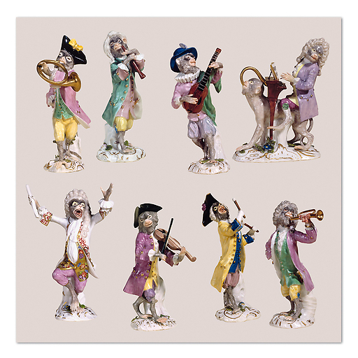 Figurines de la manufacture de Meissen faisant partie de la Pendule à orgues, le Concert de singes