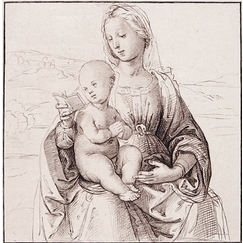 Virgin and child, sitting, reading in a landscape - Raphael