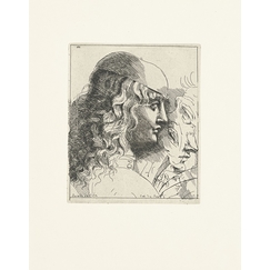 Engraving Young man's head seen in profile, head covered with a cap and long hair - Leonardo da Vinci