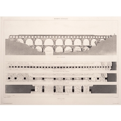 Estampe Pont du Gard : façade occidentale et plans des trois rangs d'arcades