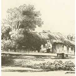 Hameau aux maisons de bois, entouré de quelques arbres - Rembrandt