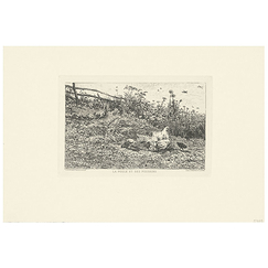 Engraving The chicken and her chicks - Charles-François Daubigny