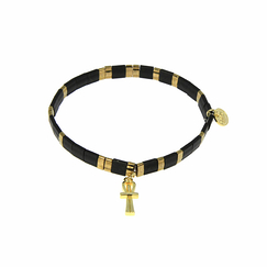 Egyptian Charm Bracelet - Life Cross - Miyuki Black Pearls
