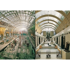 Carte postale "Musée d'Orsay - Vue intérieure, les travaux dans la grande Nef (1981) ; le musée et la grande allée des sculptures (1986)"