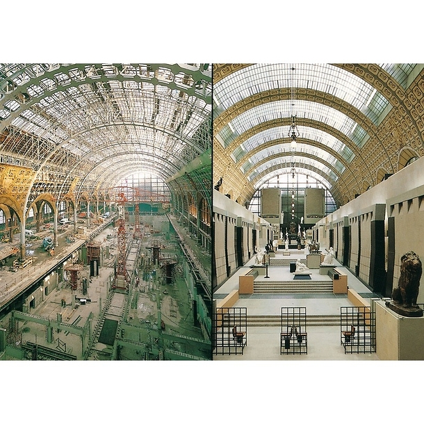 Carte postale "Musée d'Orsay - Vue intérieure, les travaux dans la grande Nef (1981) ; le musée et la grande allée des sculptures (1986)"