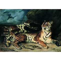 Postcard Delacroix - Young Tiger Playing with Its Mother (Study of Two Tigers)