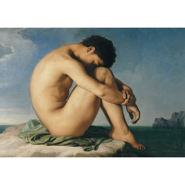 Postcard Flandrin - Young Man Nude Seated Seaside