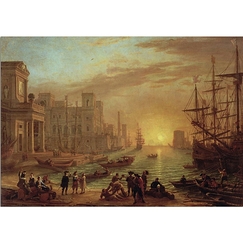 Carte postale "Port de mer au soleil couchant"