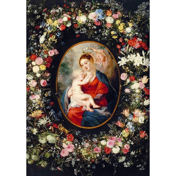 Carte postale "La Vierge et l'enfant Jésus et un ange au milieu d'une guirlande"