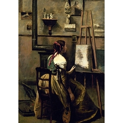 Carte postale "L'atelier de Corot. Jeune femme assise devant un chevalet"
