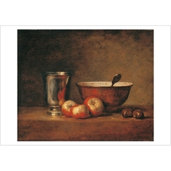 Carte postale "Le gobelet d'argent ou trois pommes d'api, deux châtaignes, une écuelle et un gobelet"