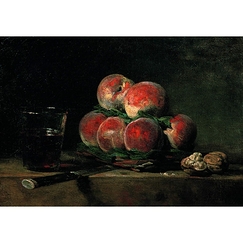 Postcard Chardin - Basket of Peaches, with Walnuts, Knife and Glass of Wine