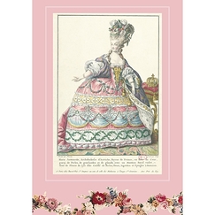Carte postale "Marie-Antoinette, reine de France, en robe de Cour garnie de perles, de guirlandes et de glands, avec manteau violet orne de fleurs de lys d'or"