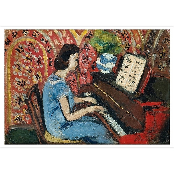 Carte postale "La petite pianiste, robe bleue, fond rouge"