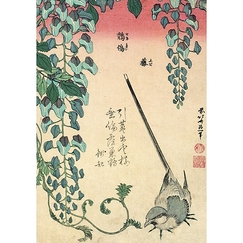 Postcard Hokusai - Wagtail and Wisteria