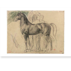 Carte postale "Cheval de profil à gauche et deux femmes retenant un cheval"