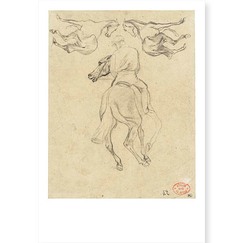 Carte postale "Jockey à cheval, vu de dos, et deux chevaux"