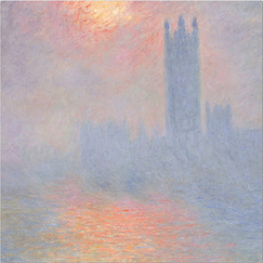 Carte postale carrée "Londres, le Parlement. Trouée de soleil dans le brouillard"