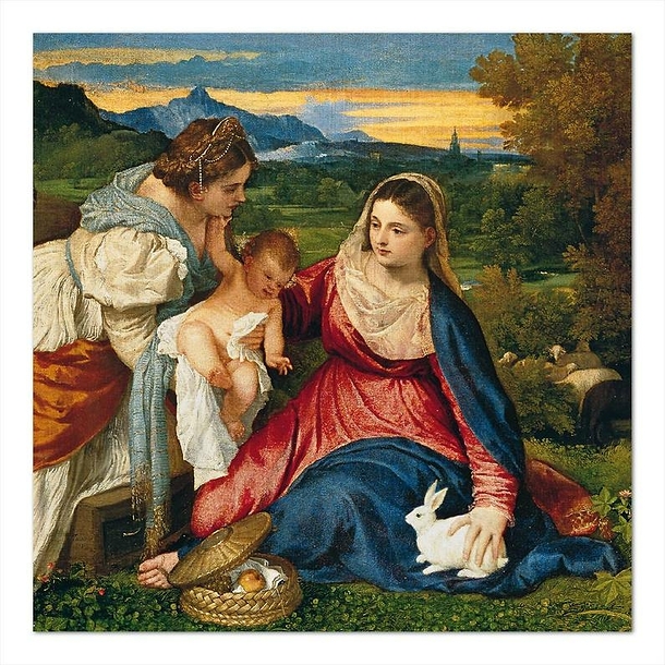 Carte postale carrée "La Vierge à l'enfant avec Sainte Catherine et un berger, dite la Vierge au lapin (détail)"