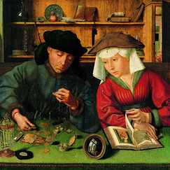 Square postcard "Le peseur d'or et sa femme ou le prêteur et sa femme"