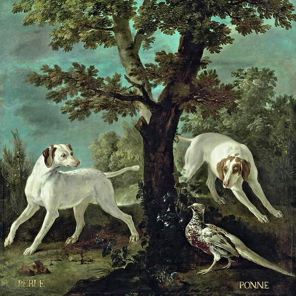 Postcard Oudry - Perle and Ponne, Dogs from the Pack of Louis XV (detail)