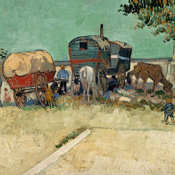 Carte postale carrée "Les Roulottes, campement de bohémiens aux environs d'Arles (détail)"
