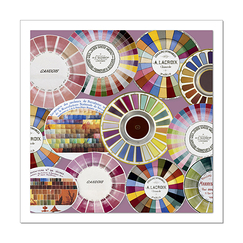Carte postale carrée "Assiettes, soucoupes, nuanciers, palette, inventaire des couleurs"