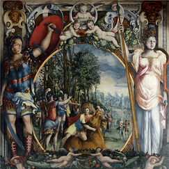 Carte postale carrée "Saül égorgeant ses boeufs, scène entourée des figures de Mars et Bellone (détail)"