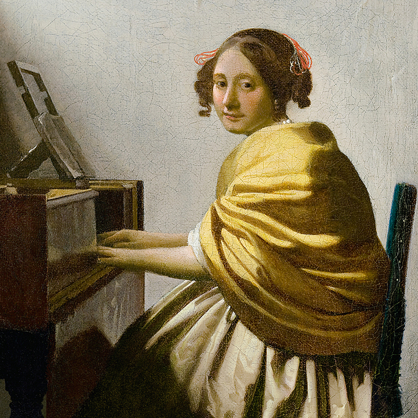 Square postcard "Jeune femme assise au virginal (detail)"