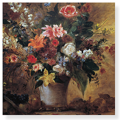 Square postcard "Delacroix - Flowers in a vase with fruits"
