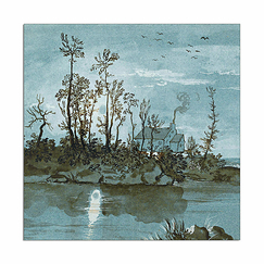 Carte postale carrée "Maisons et arbres au bord d'une rivière (détail)"