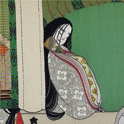 Carte postale Yamaguchi - Rouleau en tissu de brocart (nishiki) du Dit du Genji, Livre XXXVIII, Le Grillon-grelot