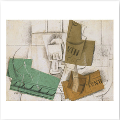 Carte postale carrée "Verre, bouteille de vin, paquet de tabac, journal"