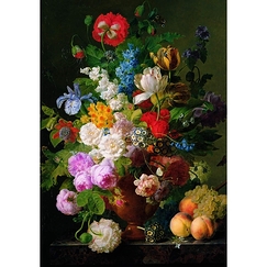 Carte postale grand format "Vase de fleurs, raisins et pêches"