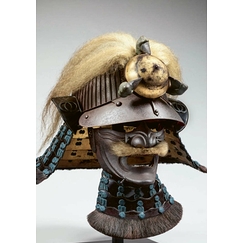 Carte postale - Casque suji-bachi kabuto aux armoiries du clan Wakizawa et masque menpo