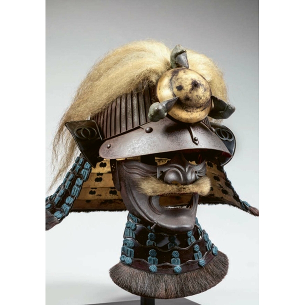 Carte postale - Casque suji-bachi kabuto aux armoiries du clan Wakizawa et masque menpo