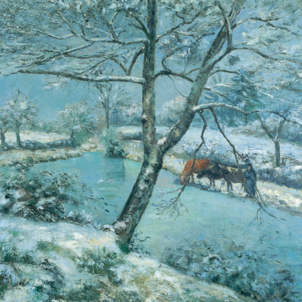 Carte postale Pissarro - L'Étang de Montfoucault en hiver, effet de neige (détail)