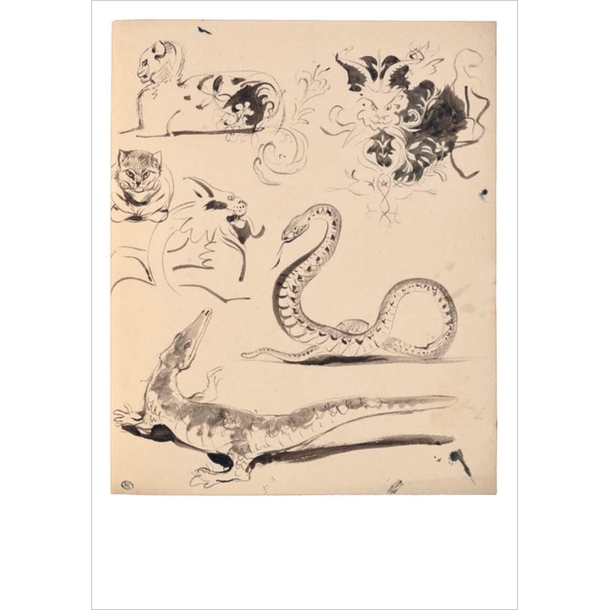 Delacroix Postcard - Studies of decorative ornaments, cats, snake and caiman