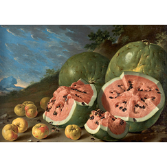Carte postale Meléndez - Nature morte avec pastèques et pommes dans un paysage