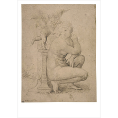 Raimondi Postcard - Crouching Venus, turned to Cupid standing on a pedestal behind her