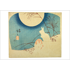 Hiroshige Postcard - Hares in front of the autumn moon