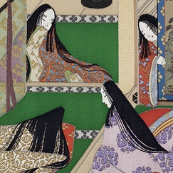 Carte postale Yamagushi - Rouleau en tissu de brocart (nishiki) du Dit du Genji, Livre L, Le Pavillon (Azumaya) II (détail)