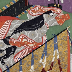 Carte postale Yamaguchi - Rouleau en tissu de brocart (nishiki) du Dit du Genji, Livre XXXVI, Le Chêne (Kashiwagi) I (détail)