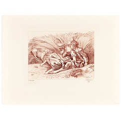 Engraving Sitting shepherd and shepherdes - Péquégnot after François Boucher